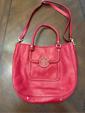 Tory Burch Pink-Red Pebbled Leather Shoulder Tote with Logo Medallion